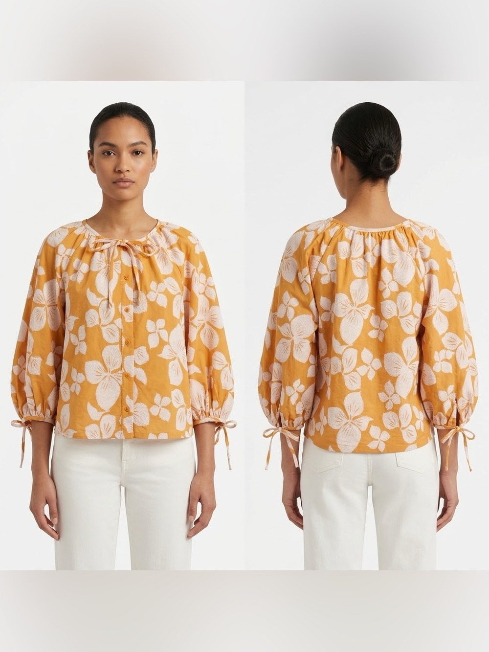 Ted Baker Mustard and White Floral Tie-Neck Blouse